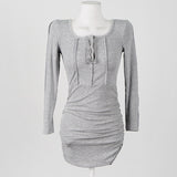 Women Dresses Threaded Long Sleeve Dress Pleated Hip Skirt Skirt