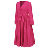 Women Date Dress Sexy V-neck Bubble Lantern Sleeve Pleated Skirt