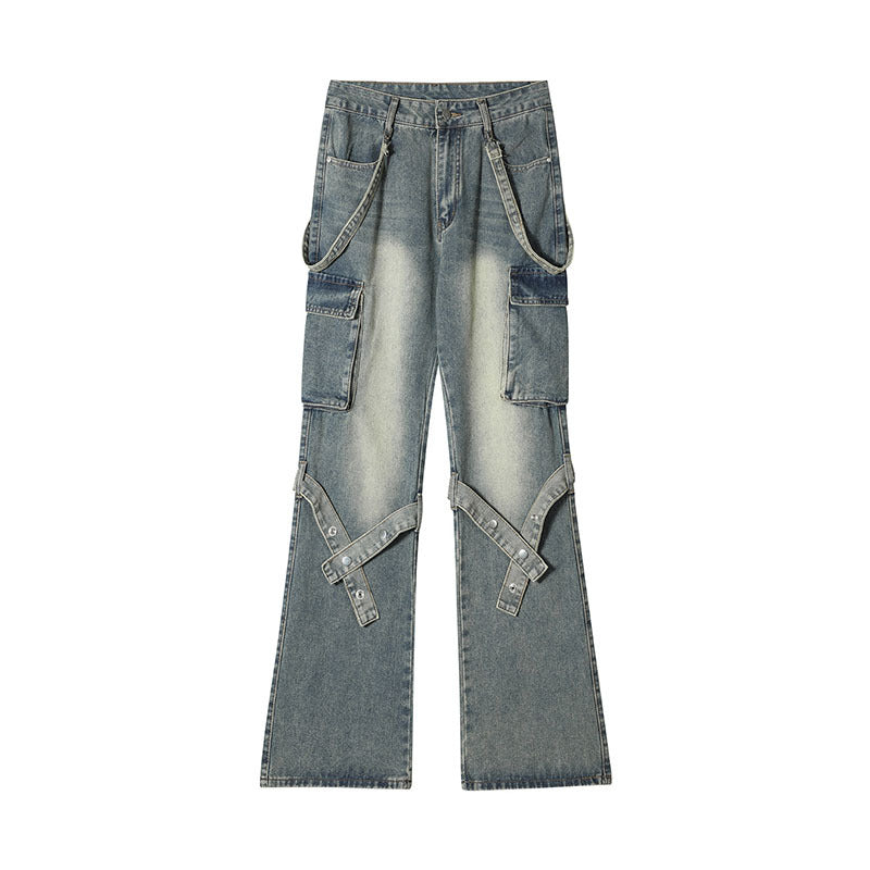 Men Jeans Washed Vintage Bandage Loose Casual Trousers