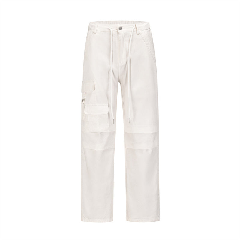 Men Sweatpants Solid Color Cargo Casual Trousers Pleated Pocket Straight-Leg Pants