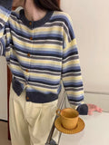 Women Knitted Cardigan Short Striped Color Matching Sweater Cardigan Coat