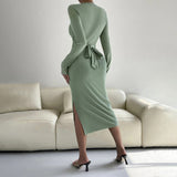 Women Dress round Neck Slim Fit Hip-Wrapped Mid-Length Dress Long Sleeve Dress