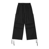 Men Sweatpants Pleated Casual Pants Men's Pocket Straight-Leg Trousers Drawstring Jogger Pants