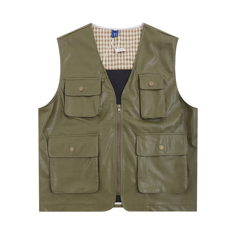 Men Vest Multi-Pocket Workwear Vest Leather Coat