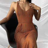 Women Knit Beach Cover Beach Casual Solid Color Knitted Spaghetti Straps Knitted Dress