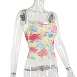 Women Tops Summer Slim Fit Vest Sexy Straps Tulle Printed Top