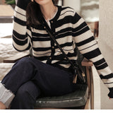 Women Knitted Cardigan Black and White Stripes Loose Knitted Cardigan