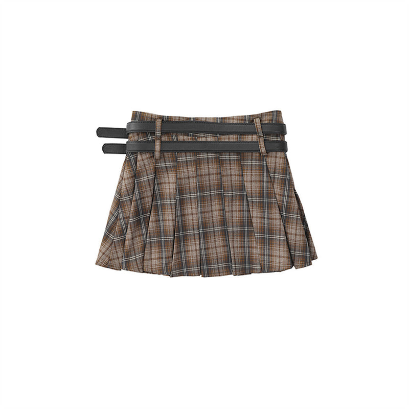 Women Skirt Plaid Pleated Skirt Girls Summer Double Belt Short Skirt Casual A- line Skirt