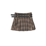 Women Skirt Plaid Pleated Skirt Girls Summer Double Belt Short Skirt Casual A- line Skirt
