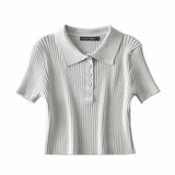 Women Sweater Knitwear Vintage Polo Lapel Single Breasted Thread Exposed Navel Knitted T-shirt