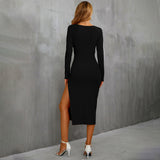Women Dress Spring and Summer Sexy Hollow-out Split Lace-up Knitted Sheath Long Sleeve Dress