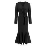 Women Date Dress Knitted Long Sleeve V-neck Lace-up Fishtail Skirt