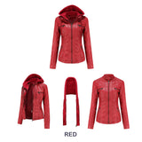 Red Leather Jacket Hooded Leather Jacket Two-Piece Detachable Leather Jacket Women's Spring and Autumn Coat Women's Pu