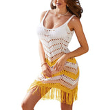 Women Knit Beach Cover Bikini Blouse Summer Knitted Beach Sun Protection Clothing Tassel Striped Vest Skirt