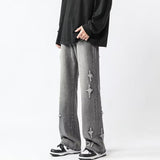Men Jeans Cross Embroidery Straight-Leg Pants Spring Loose Retro Oversized Casual Trousers