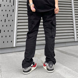 Men Sweatpants Mechanical Style Solid Color Multi-Pocket Baggy Straight Trousers