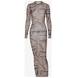 Women Dresses Summer Sexy Slim Hip round-Neck Long-Sleeved Dress
