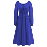 Women Date Dress Slim-Fit Long Sleeve V-neck Lace-up A- line Dress Lantern Sleeve Dress