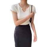 Women Knitted T-shirt Autumn Short Sleeve Summer V-neck Top Short T-shirt