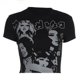 Women T-shirt Face Print Pattern Y2g round Neck Short Sleeve Slim Top