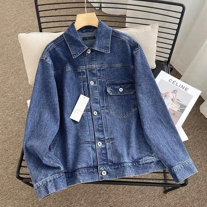 Women Jacket Spring and Autumn Loose Washed-out Lapel Casual Workwear Denim Jacket