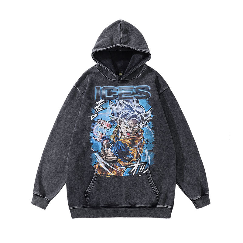 Men Hoodie Vintage Anime Print Heavy Distressed Hooded Sweater