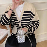Women Knitwear Autumn and Winter Striped V-neck Pocket Sweater Female Loose Knitted Cardigan