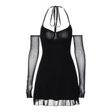 Women Dresse Sexy Black Dress Mesh Oversleeve Backless Dress