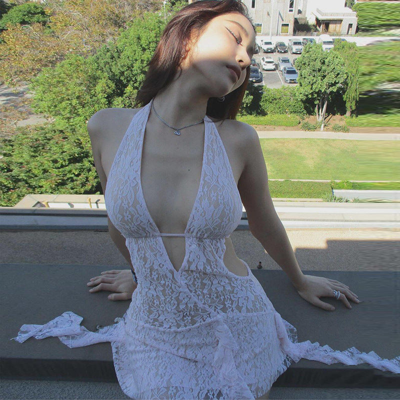Women Dresses Sexy Cutout V Backless Short Lace Dress