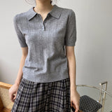 Women Knitted T-shirt Polo Short Sleeve Summer Lapels T-shirt