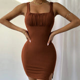Women Dress Spring and Summer Sexy Slit Slim-Fitting Spaghetti Straps Knitted Dress Hip Skirt