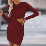 Women Dress Spring/Summer Hollow-out Knitted Long-Sleeved Hip Skirt round Neck Dress
