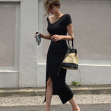 Women Dresses V-neck Black Slit Long Dress Spring and Summer Short Sleeve Dress