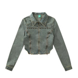 Women Jacket Slim-Fit Double Zipper Split Denim Jacket