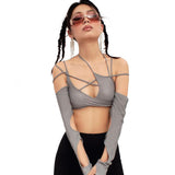 Women T-shirt Summer Spaghetti Straps Midriff-Baring Backless Sleeves Women's Top
