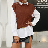 Women Knitted Sweater Autumn Short Sleeve Solid Color Cable-Knit Sweater Vest Jacket