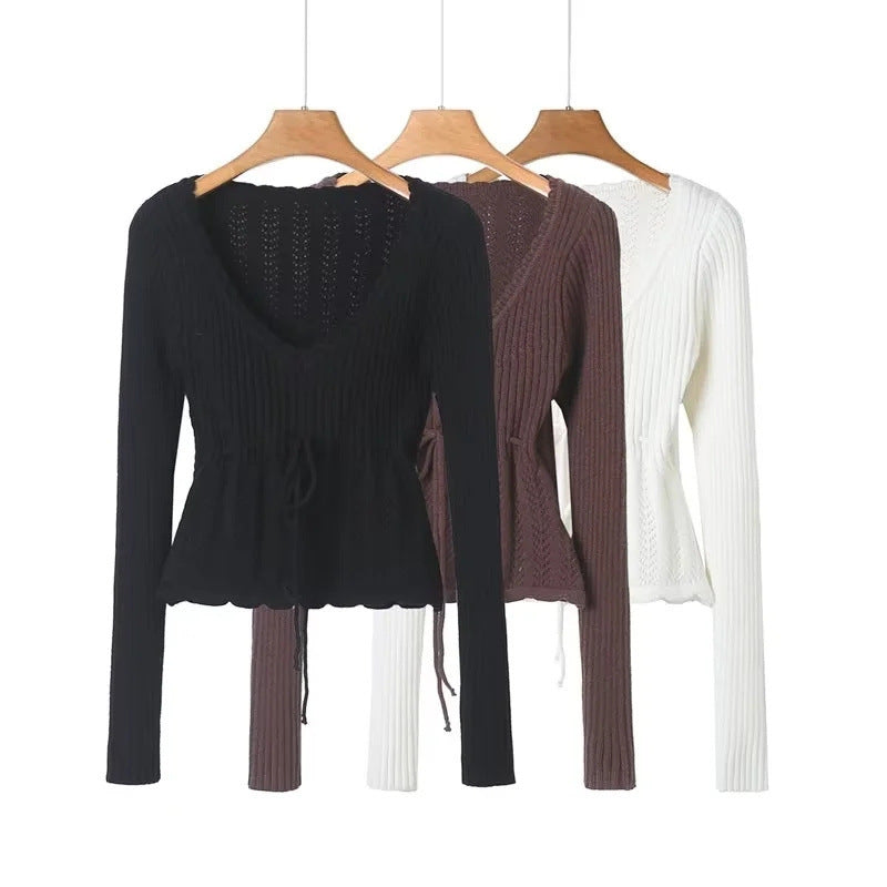 Women Sweater Knitwear Vintage V-neck Long-Sleeve Knitwear Fall Slim-Fit Crop-Top
