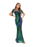 Women Evening Gown Sexy Retro Green Sequins Dress Evening Dress