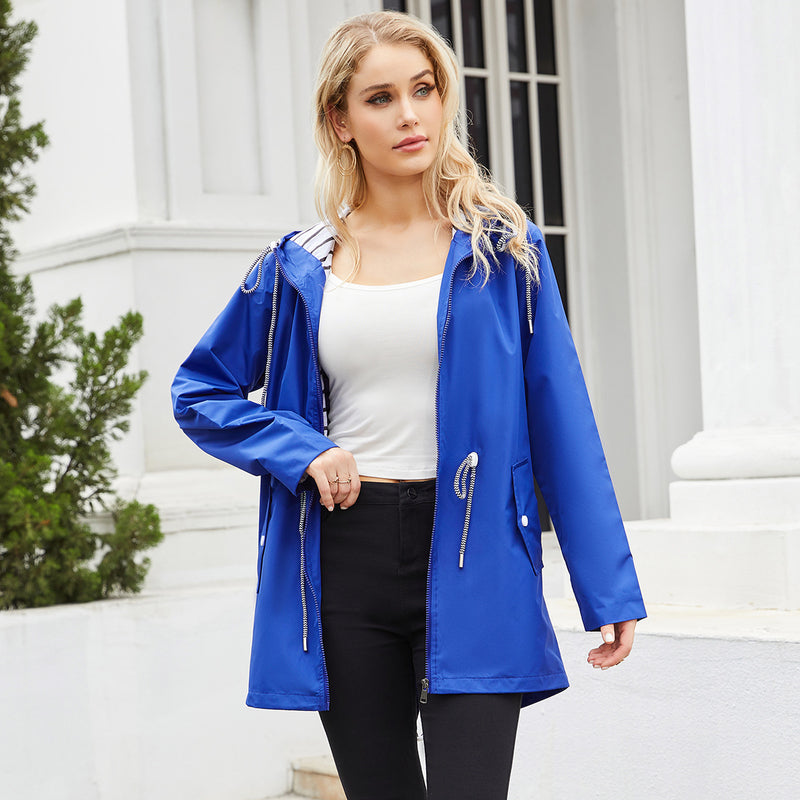 Women's Trench Coat Long-Sleeved Waterproof Mid-Length Trench Coat Women's Hooded Striped Raincoat