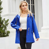 Women's Trench Coat Long-Sleeved Waterproof Mid-Length Trench Coat Women's Hooded Striped Raincoat