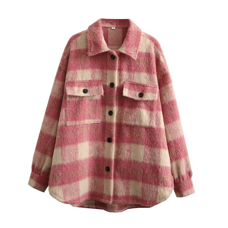 Women Jacket Autumn and Winter Plaid Mohair Coat Woolen Thick Coat