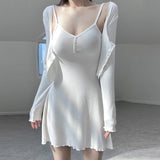 Women Dresses White V-neck Suspenders Dress Long Sleeve Cardigan Jacket Suit Skirt