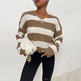 Women Knitted Sweater Autumn and Winter Leisure Top Thin Long Sleeve Striped Sweater
