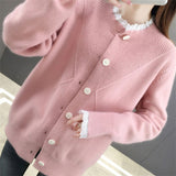 Women Knitwear Spring and Autumn Lace Trim Patchwork round Neck Sweater Loose Knitted Cardigan