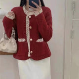 Women Knitted Cardigan Spring Lace Trim Knitted Cardigan Outerwear Top