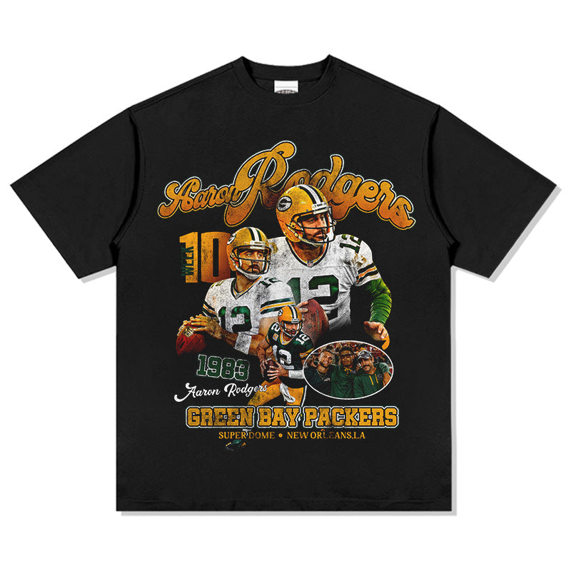 Mens Vintage baseball T-Shirt Aaron Rodgersl Rugby Vintage Print Short Sleeve Washed Old T-Shirt