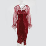 Women's Evening Gown Sexy Retro Mesh Long Sleeve Stitching Sequins Dress