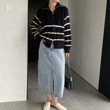 Women Cardigan Sweater Coat Long Sleeve Loose Zip Turn-down Collar Coat L1216