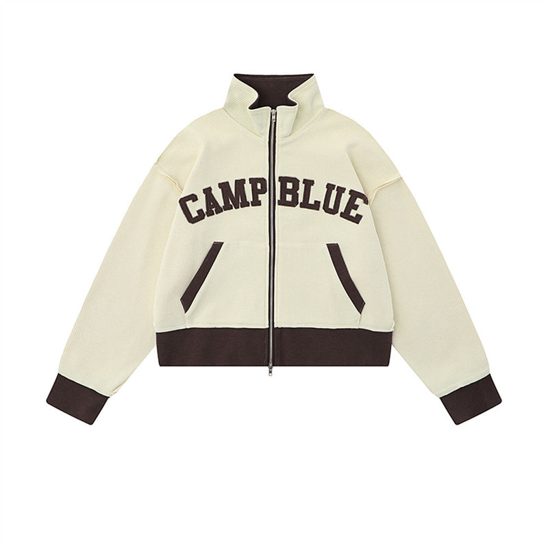 Women Jacket Letter Affixed Cloth Embroidered Turtleneck Multi-Color Coat