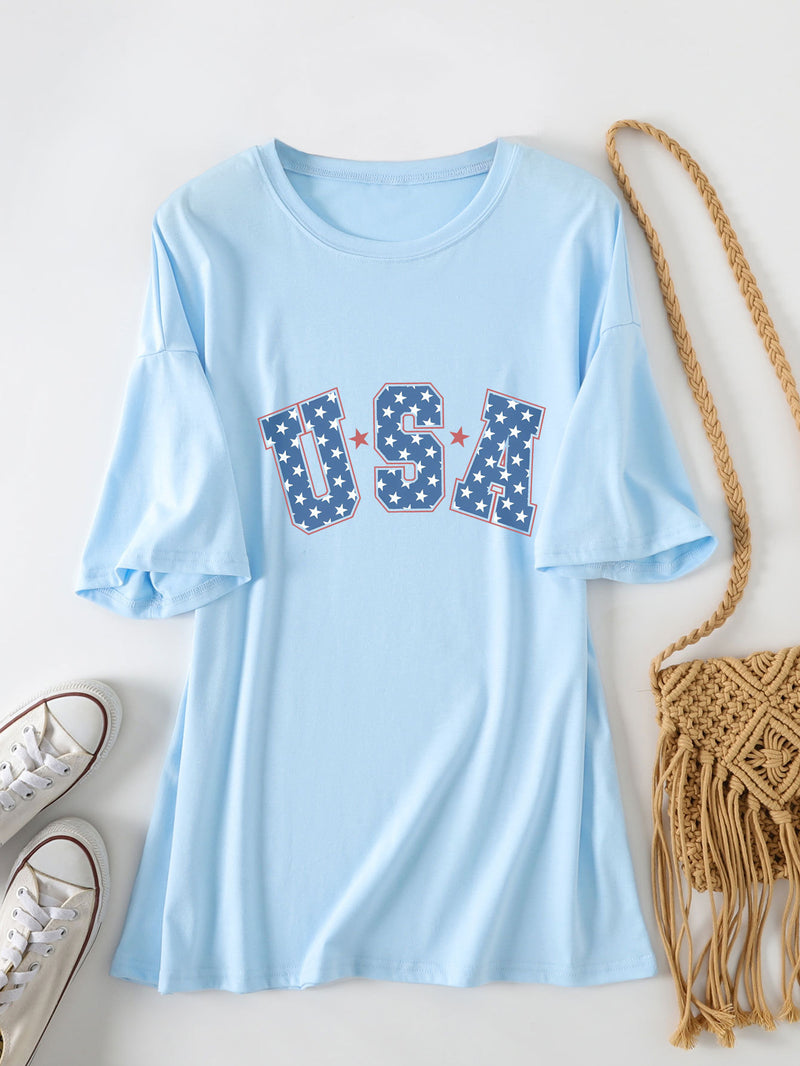 Crew neck short-sleeved usa printed T-shirt casual and loose